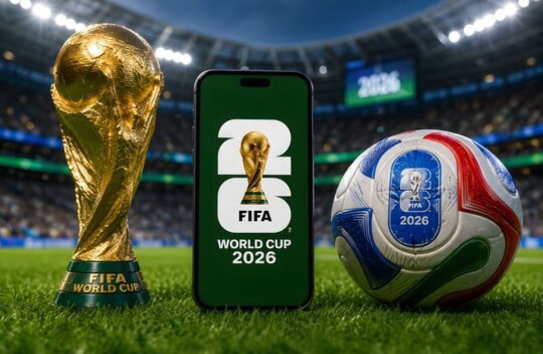 FIFA World Cup 2026 trophy, phone displaying tournament logo, and match ball on a stadium pitch