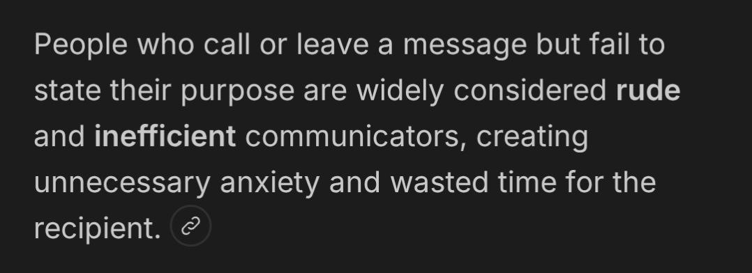 Text about people who fail to state their purpose being rude and inefficient