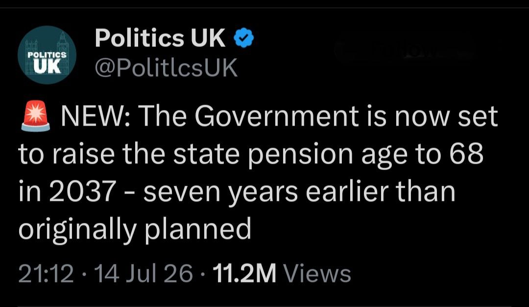 Politics UK post about state pension age raised to 68 in 2037
