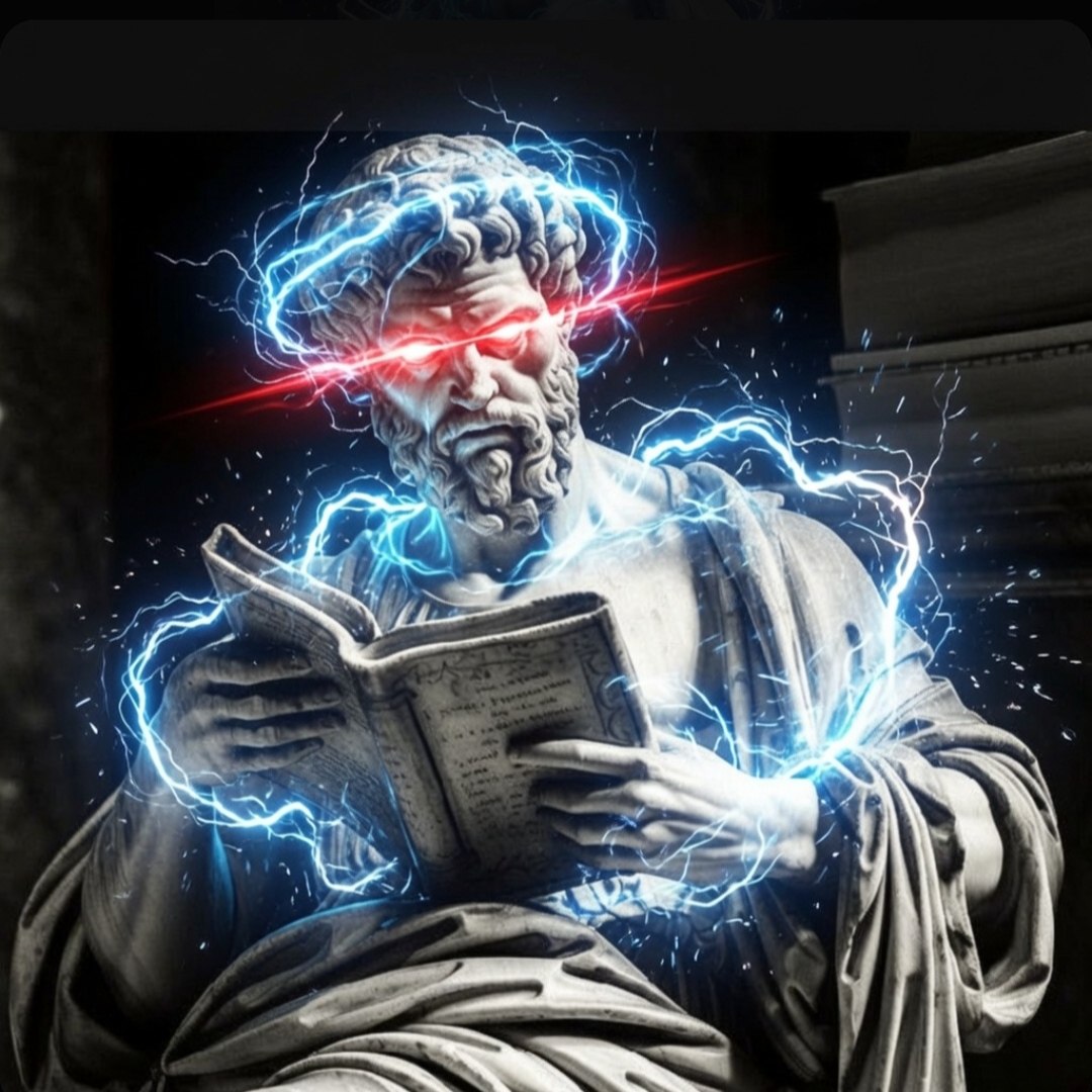 Classical stone statue of a philosopher holding a book, crackling with blue electrical energy and red laser eyes