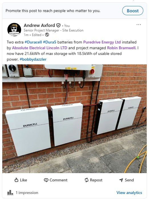 LinkedIn post about the battery install